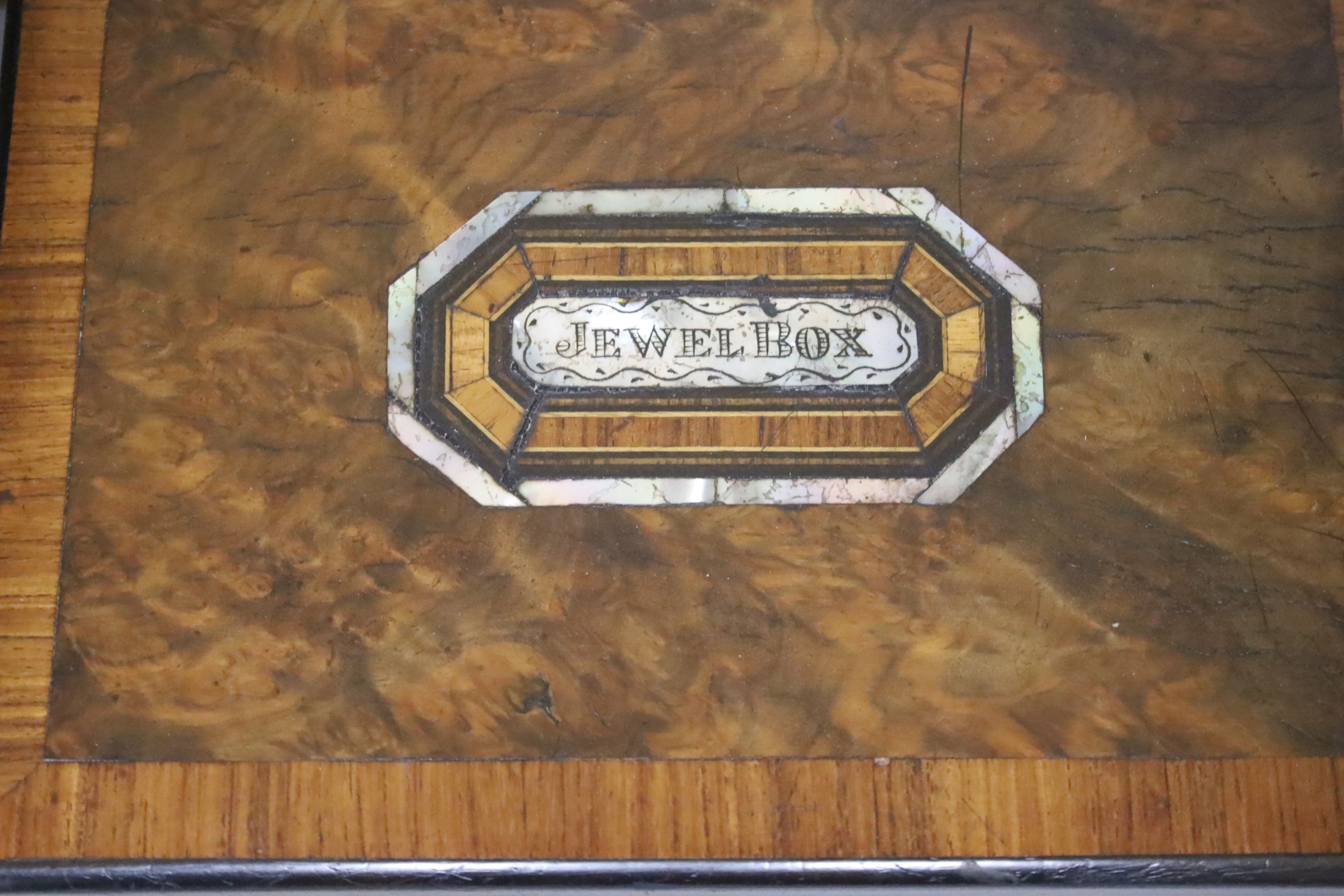 A victorian mother of pearl inset jewellery box and a glove box